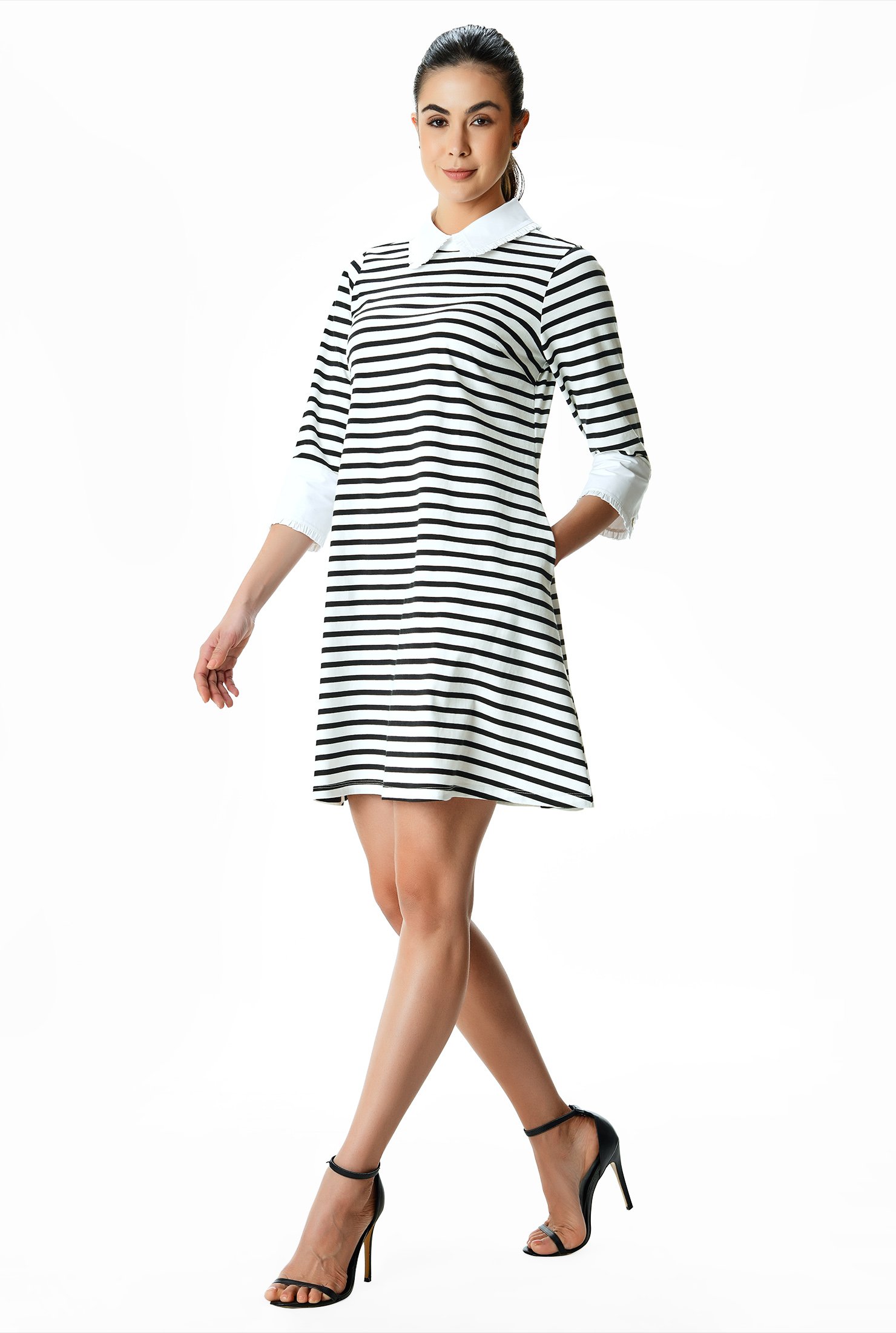 Our polished shift dress with a flared hem in contemporary stripe cotton jersey knit gets an air of retro-chic from a contrast collar and cuffs.