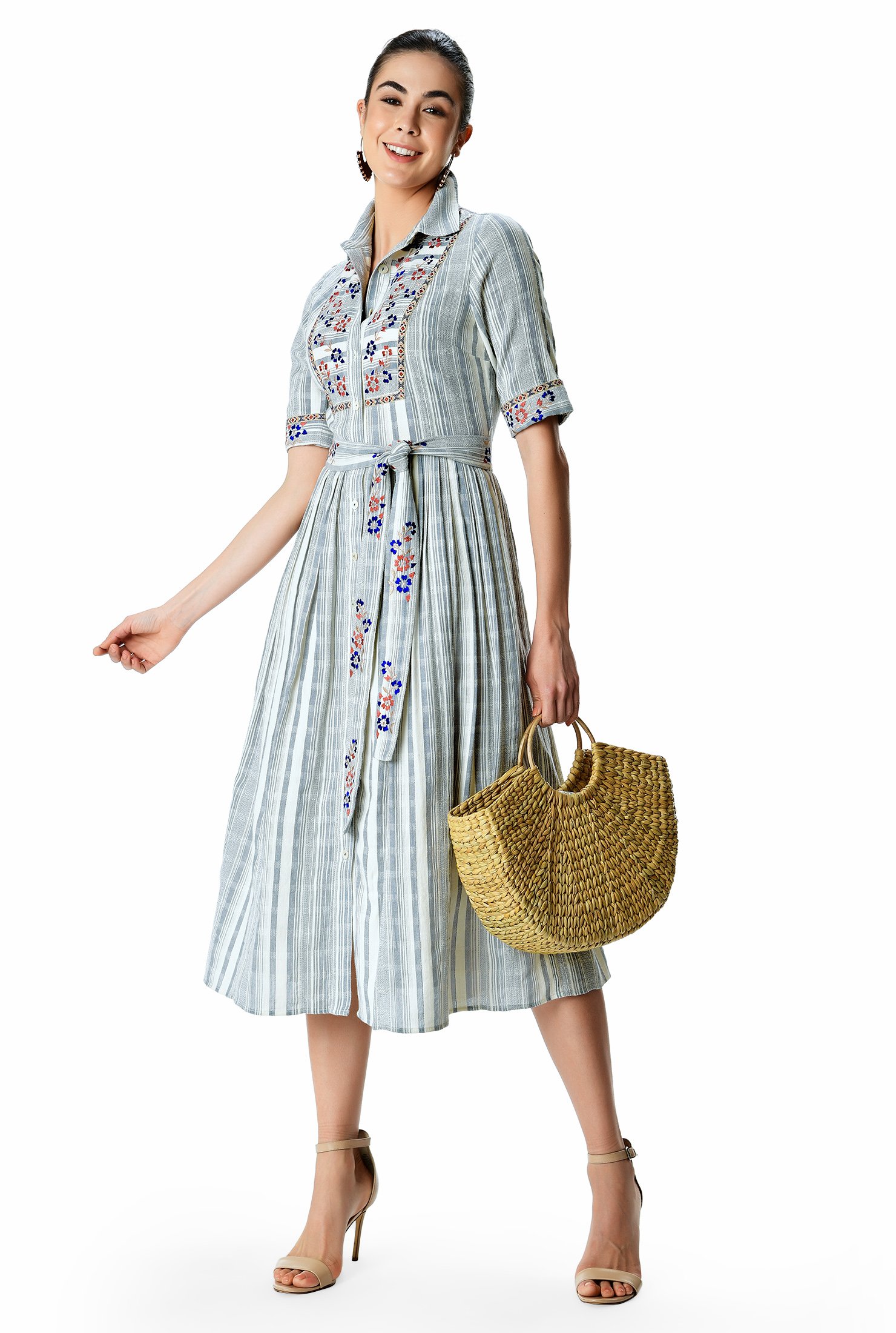 Shop Floral Embroidery Dobby Stripe Cotton Belted Shirtdress | EShakti