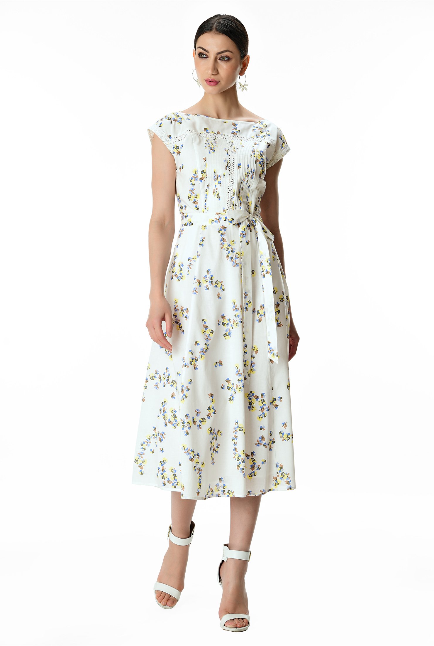 Shop Pintuck pleat lace trim floral print cotton voile dress | eShakti