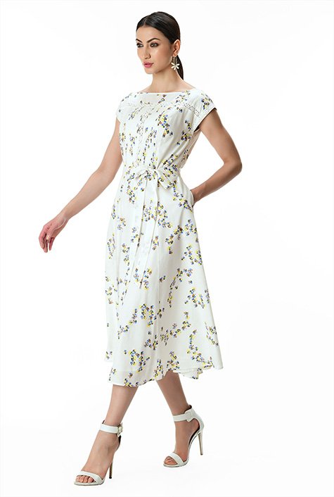 Pintuck pleat lace trim floral print cotton voile dress