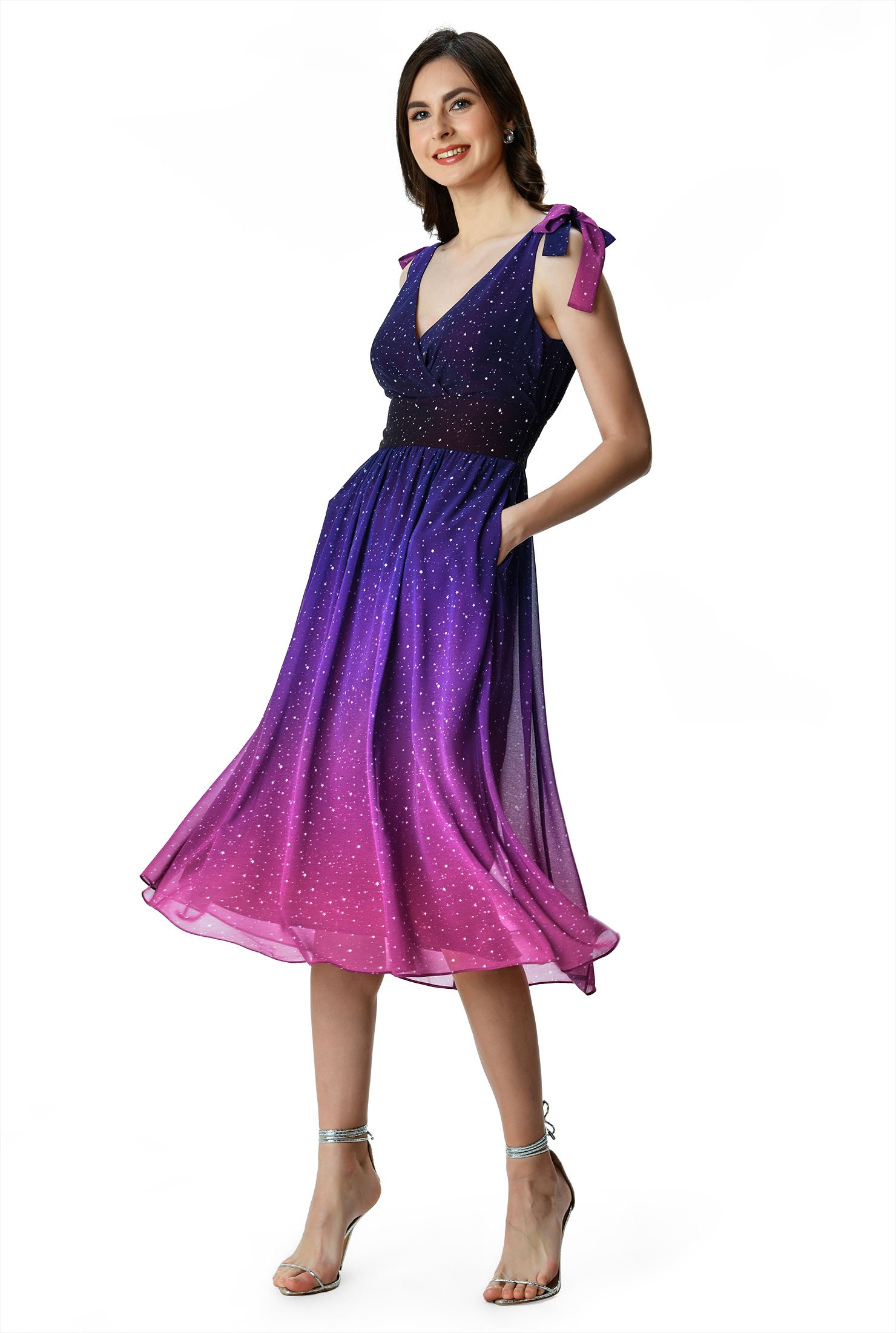 Shop Ombre star print georgette shoulder tie dress | eShakti