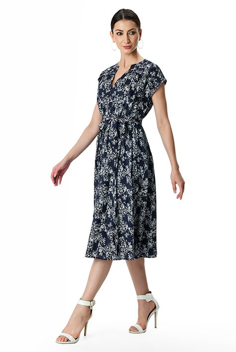 Shop Ruffle trim floral print cotton shirred shirtdress | eShakti