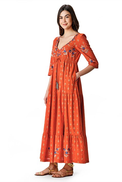 Shop Floral embroidery foil print cotton drawstring empire dress | eShakti