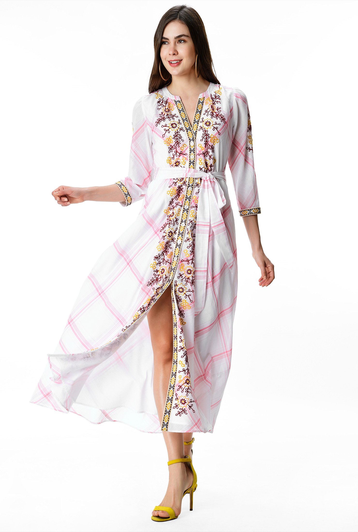 Shop Floral embroidery cotton voile check shift shirtdress | eShakti