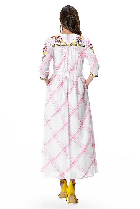 Shop Floral embroidery cotton voile check shift shirtdress | eShakti