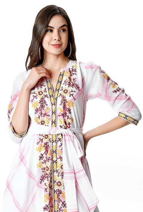 Shop Floral embroidery cotton voile check shift shirtdress | eShakti