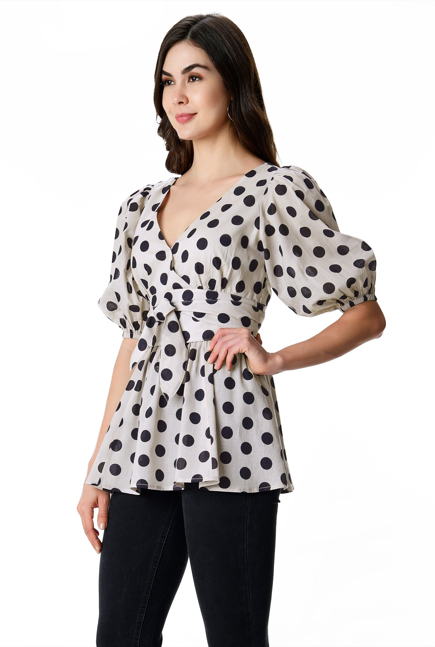 Shop Polka dot print cotton voile surplice peplum top | eShakti