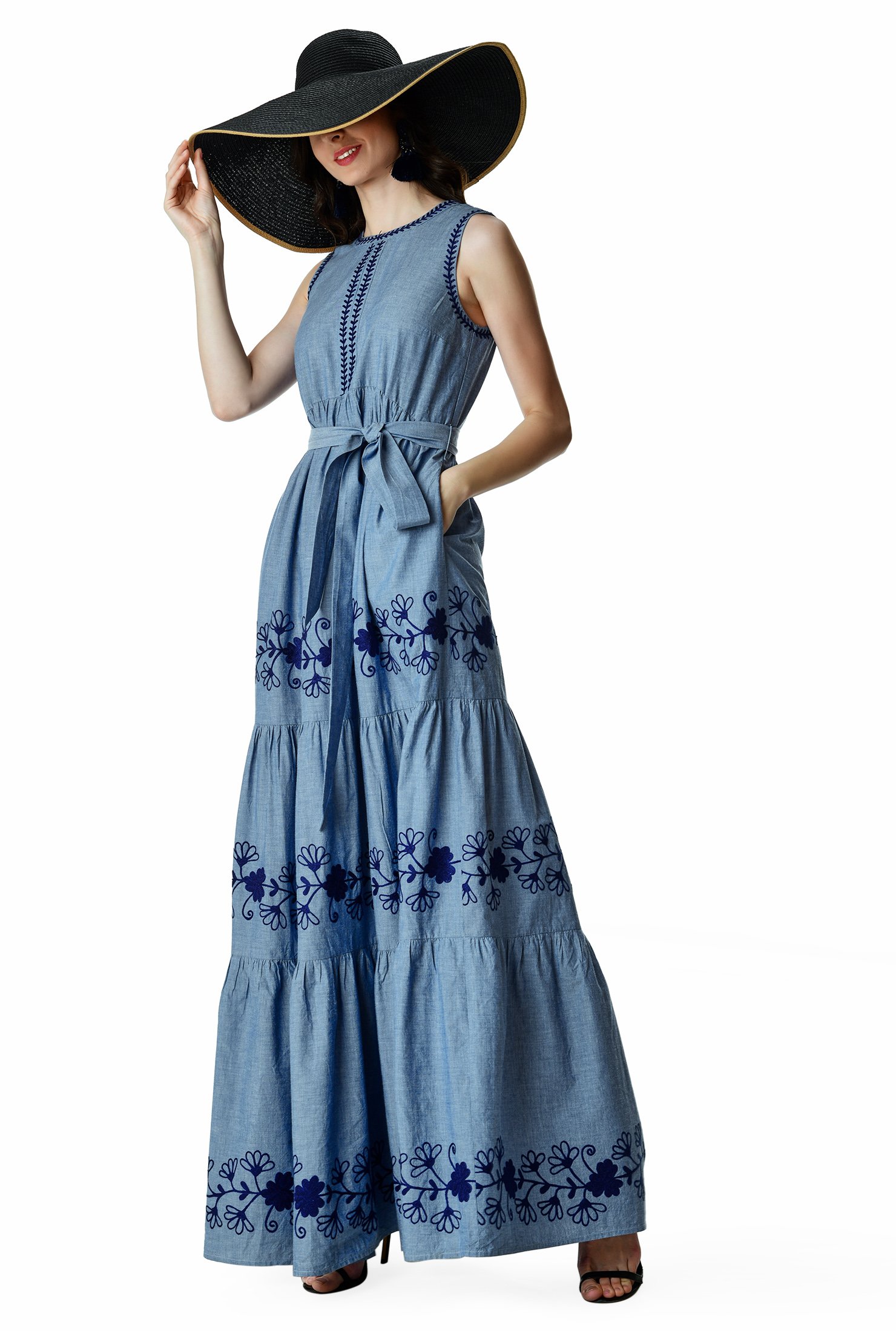 Shop Floral embroidery cotton chambray tiered maxi dress eShakti