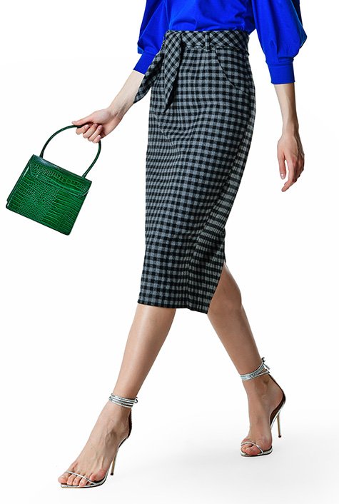 Brushed cotton twill check pencil skirt