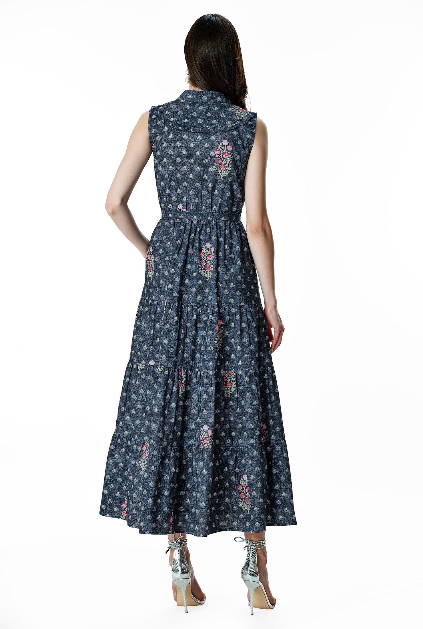 Shop Floral print cotton poplin ruched tier maxi dress | eShakti