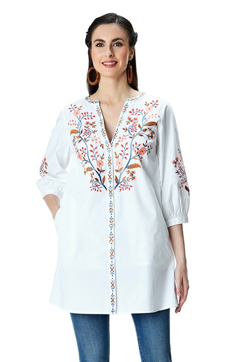 Shop Floral vine embroidery cotton poplin tunic | eShakti