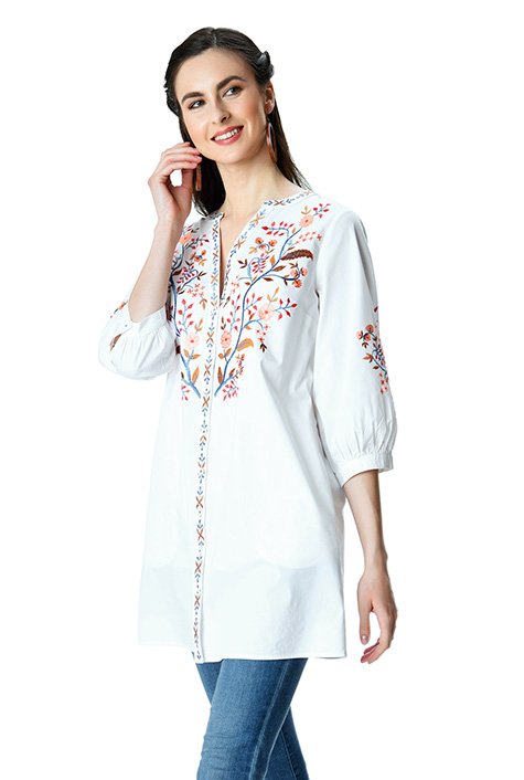 Shop Floral vine embroidery cotton poplin tunic | eShakti