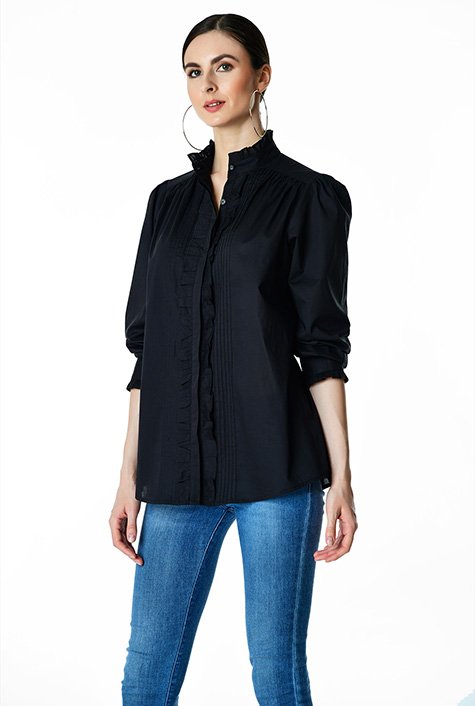 Pintuck pleat cotton voile ruffle frill shirt