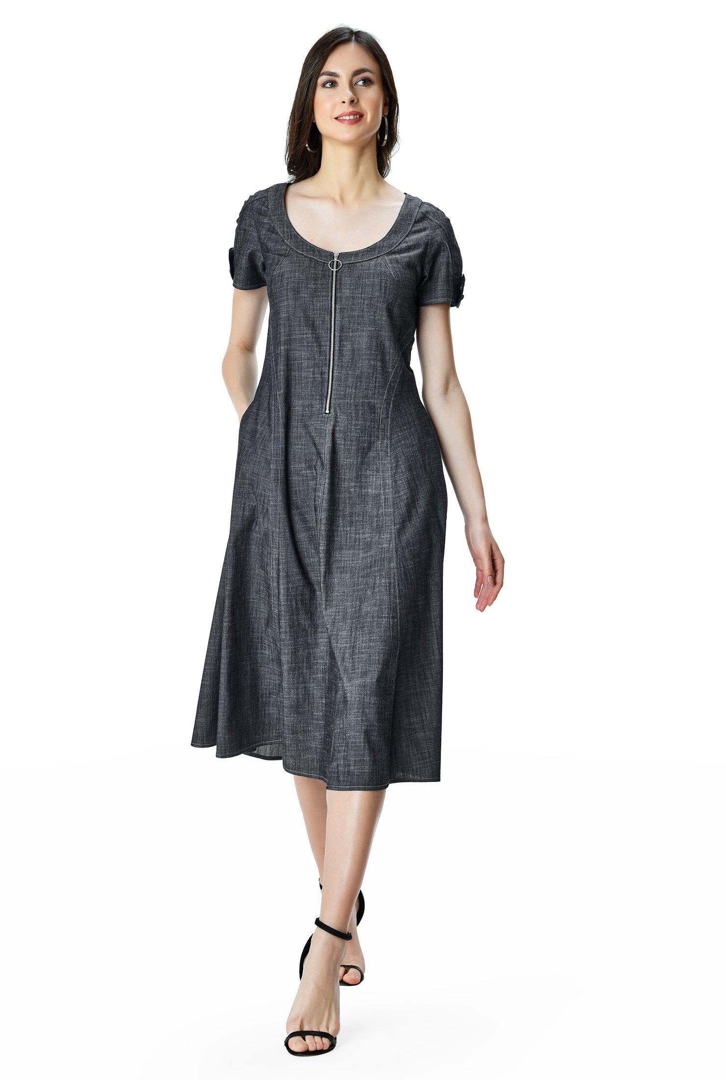 Shop Zip front cotton chambray A-line dress | eShakti