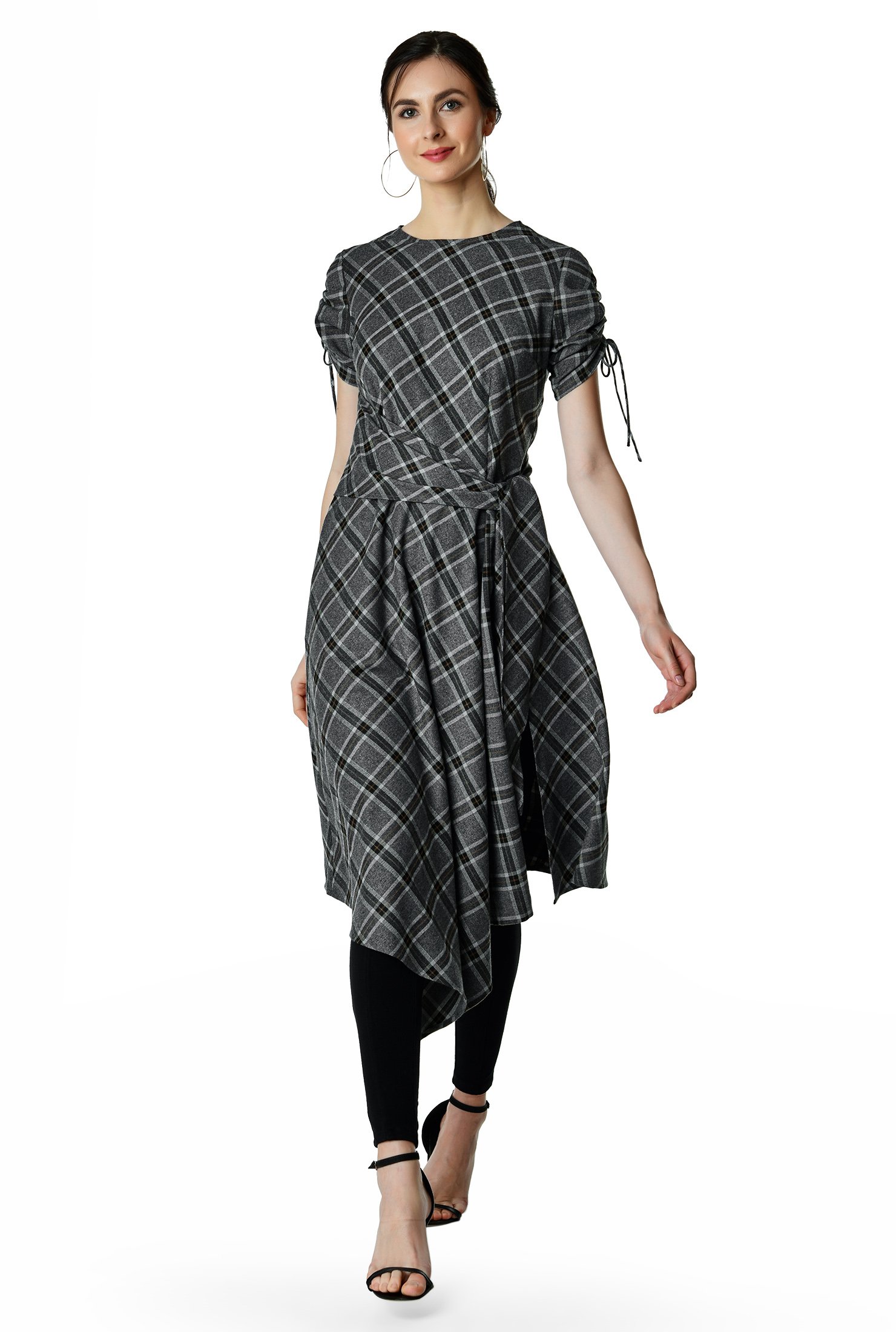 Shop Ruched sleeve asymmetric hem plaid tunic dress | eShakti