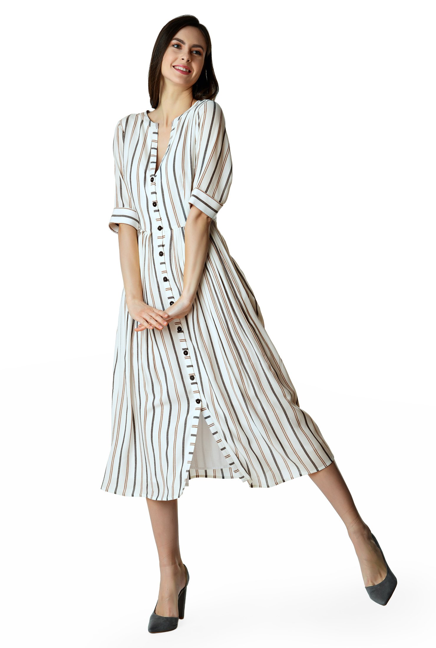 Shop Stripe gauze cotton blend belted shirtdress | eShakti