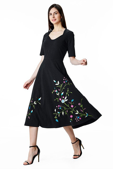 Floral vine embroidery cotton jersey dress
