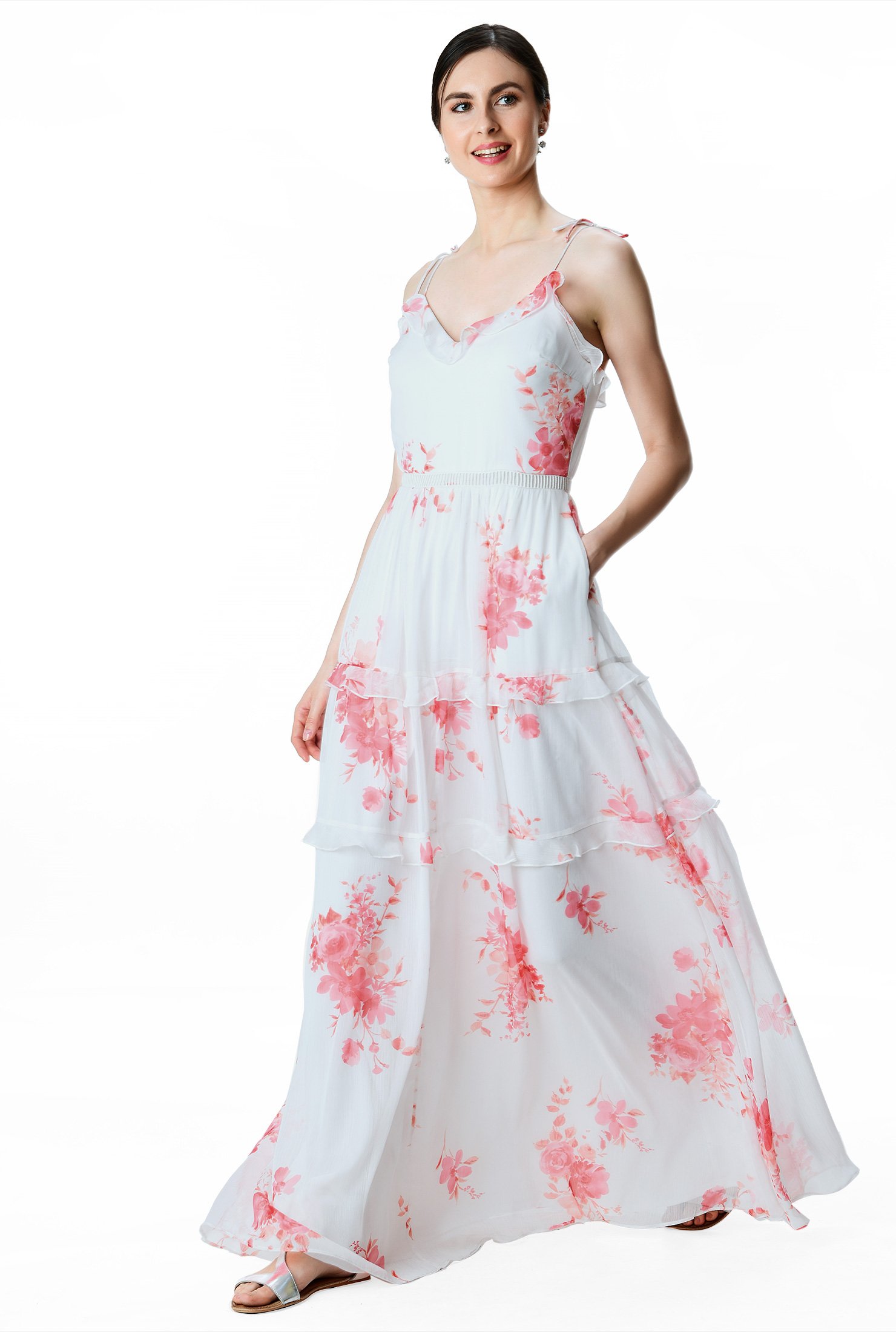 Shop Ruffle Trim Floral Print Chiffon Tiered Maxi Dress | EShakti