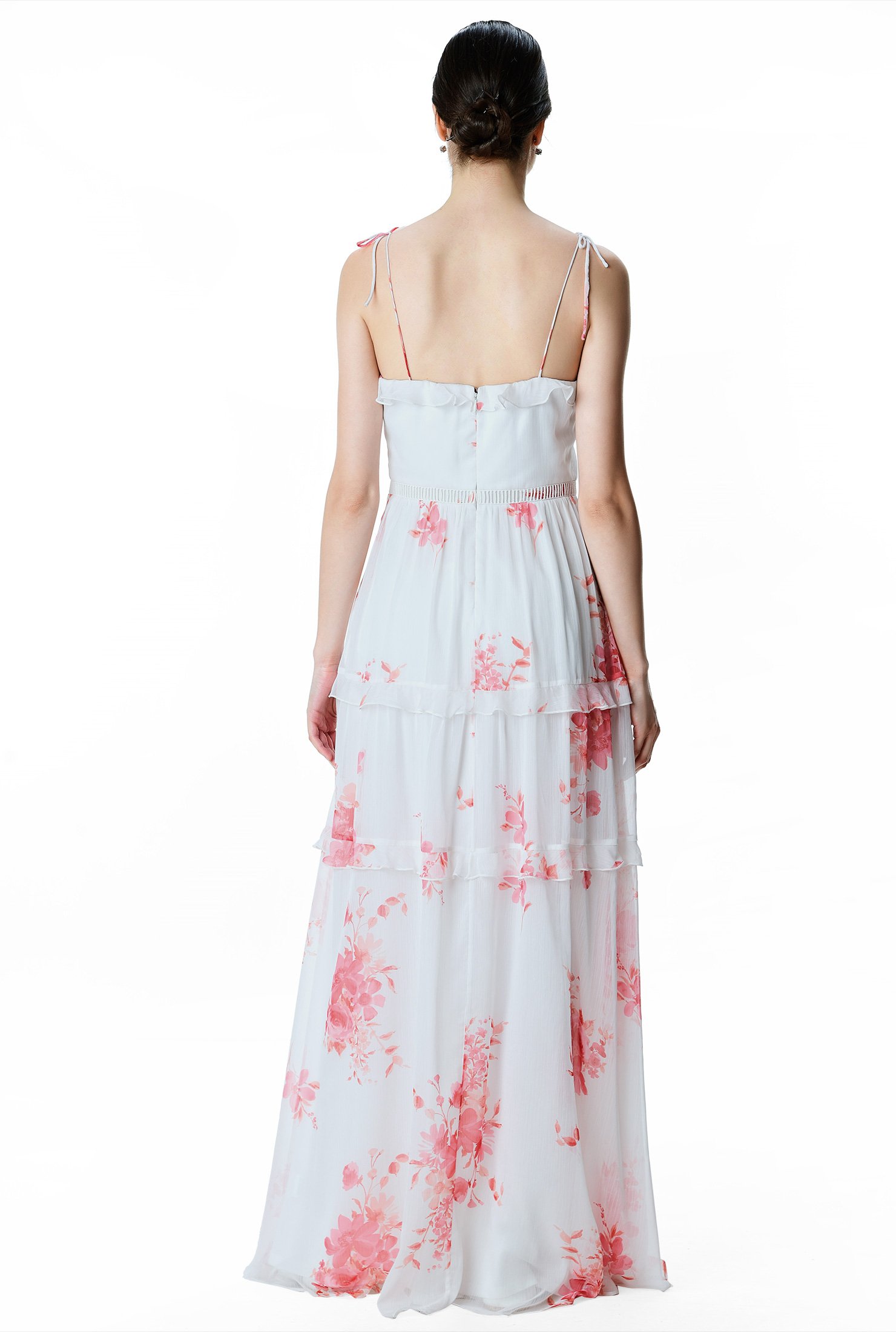 Shop Ruffle trim floral print chiffon tiered maxi dress | eShakti