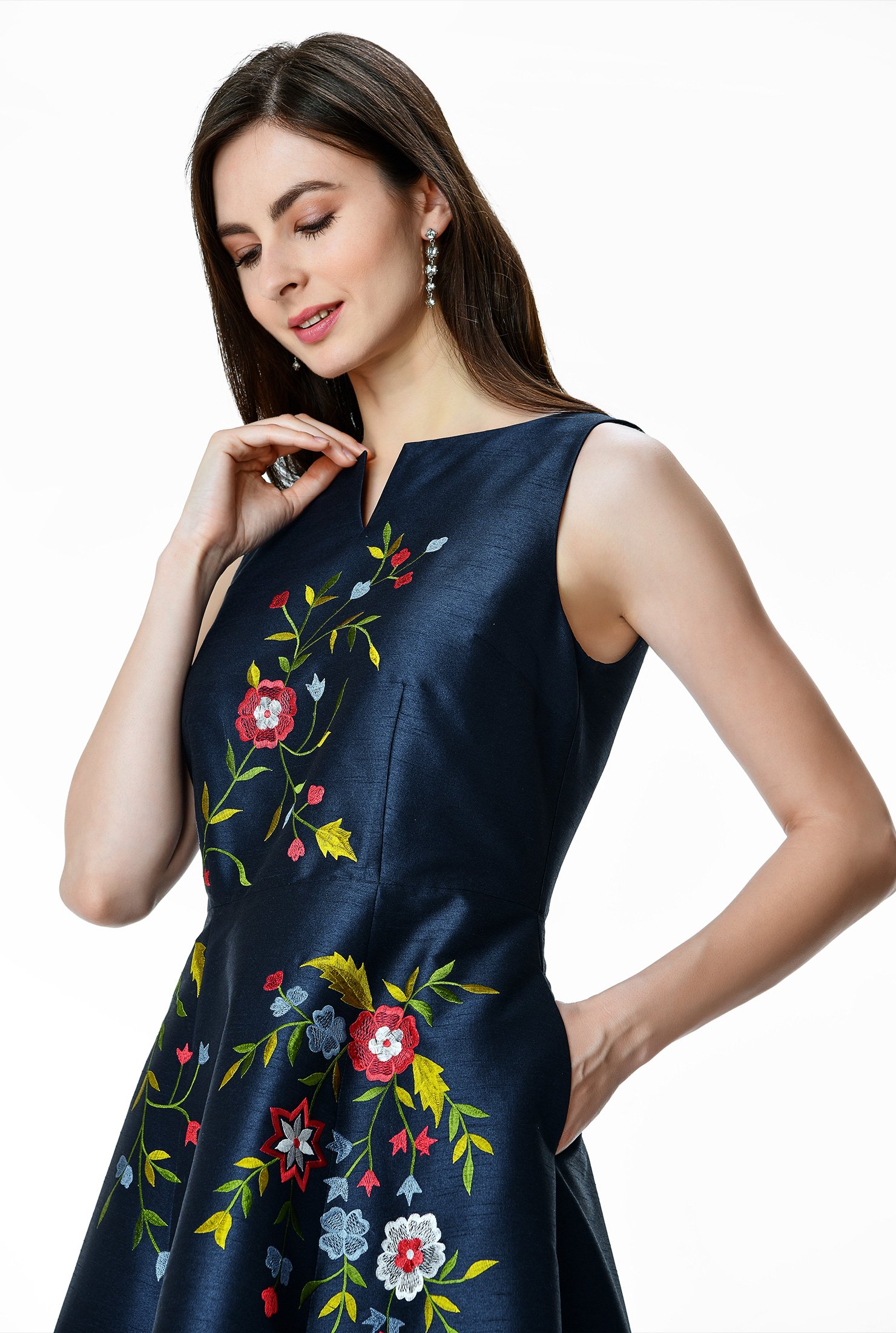 Shop Floral embroidery dupioni A-line dress | eShakti