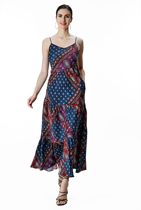 Shop Scarf print satin asymmetric tier slip dress | eShakti