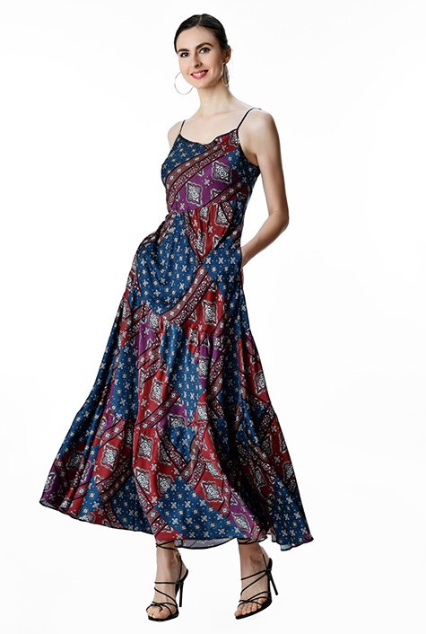 Shop Scarf print satin asymmetric tier slip dress | eShakti