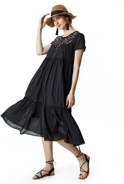 Floral embroidery cotton voile empire tiered shift dress