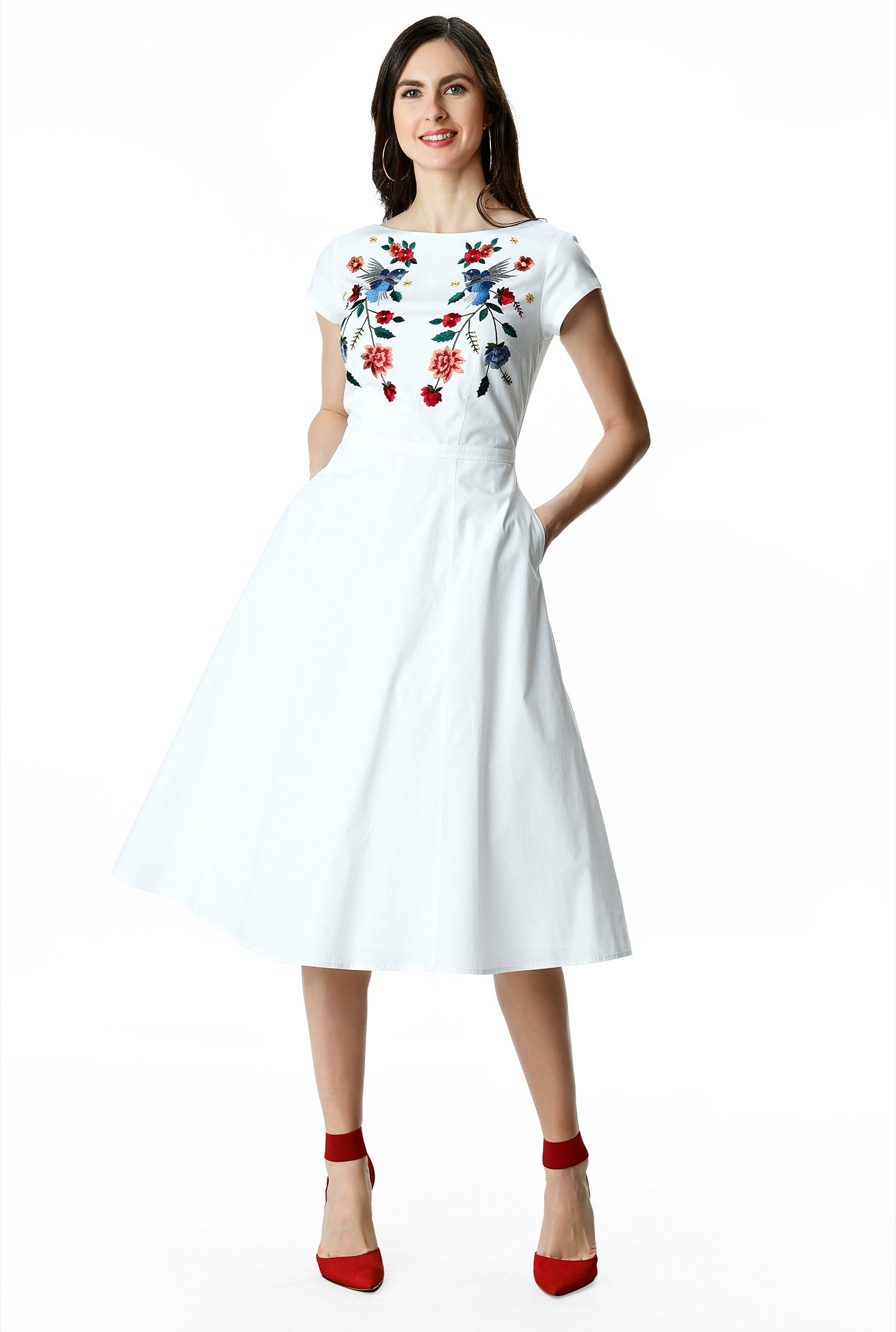 Shop Floral bird embroidery cotton poplin dress | eShakti