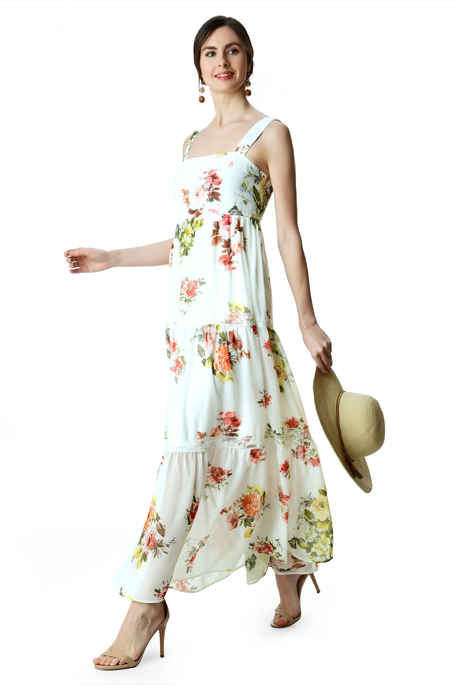Shop Lace trim floral print georgette tiered sundress | eShakti