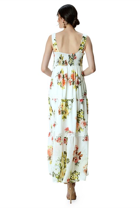 Shop Lace trim floral print georgette tiered sundress | eShakti