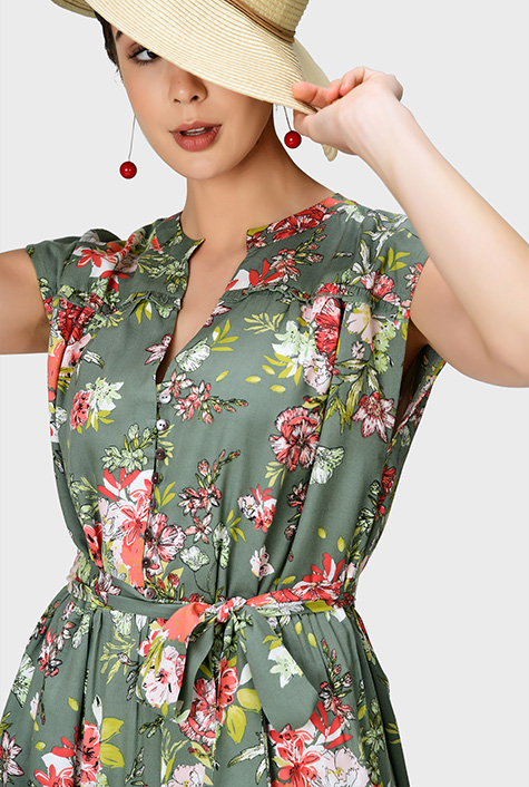 パーティードレス Floral Print Ruffle Trim Shirt Dress Shop Ruffle trim floral print tiered shirtdress | eShakti