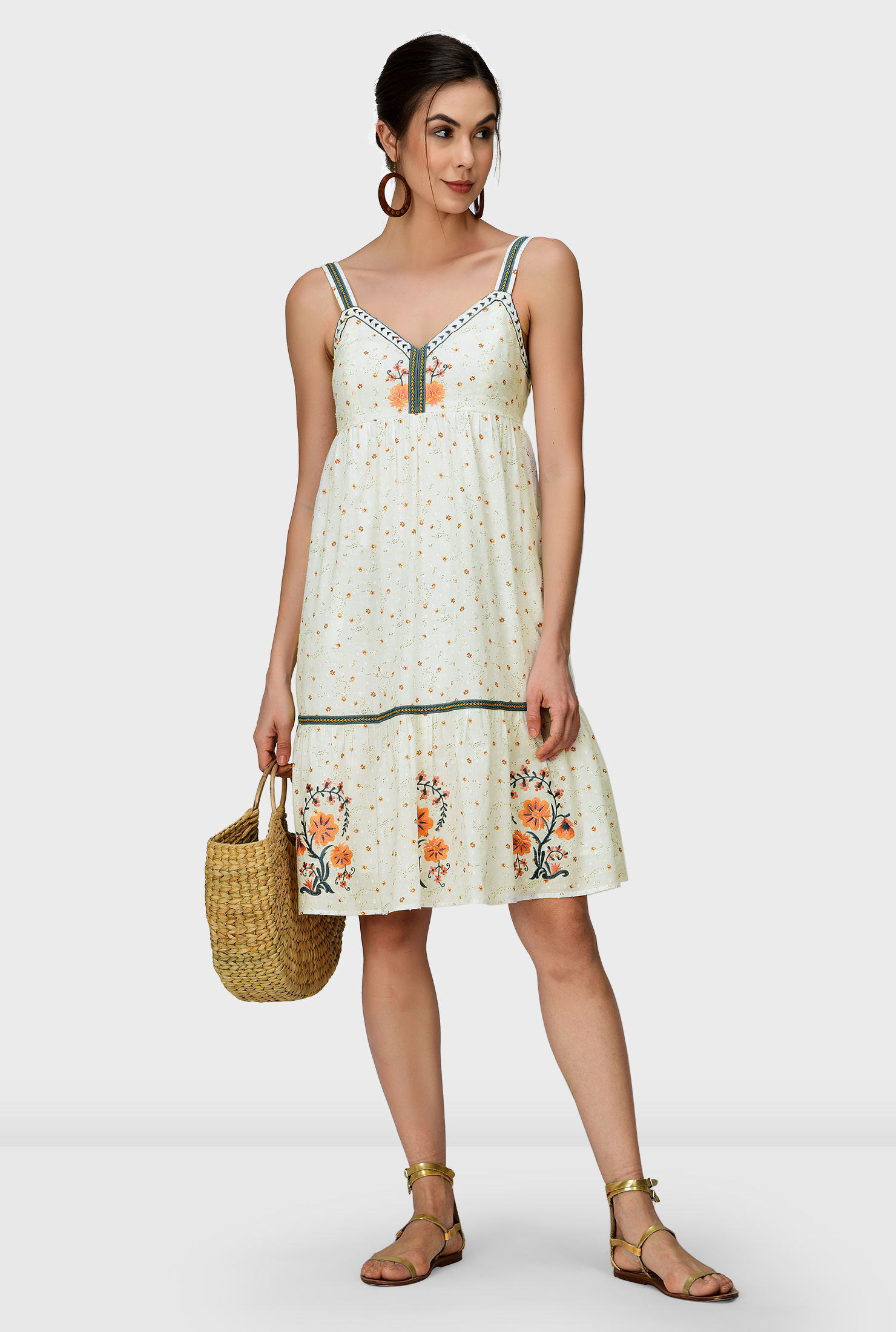 Shop Floral embroidery lace trim floral cotton tier dress | eShakti