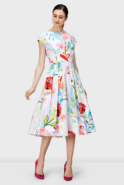 Shop Floral print cotton poplin release pleat dress | eShakti
