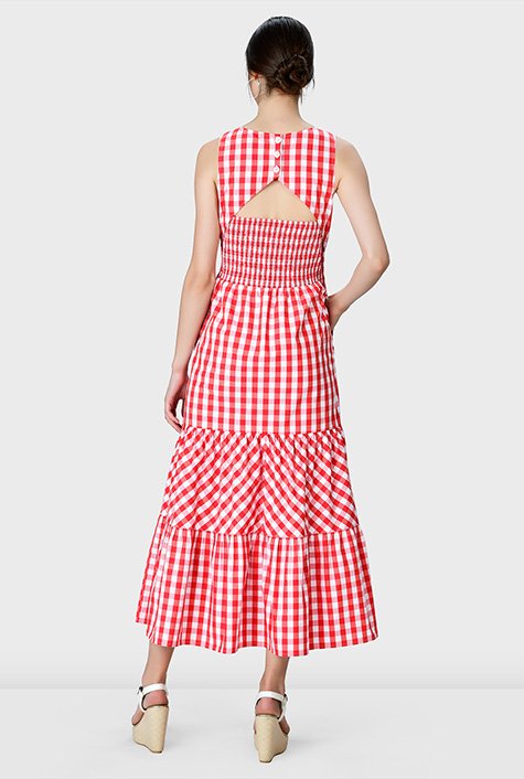 Cutout back gingham check cotton tier dress