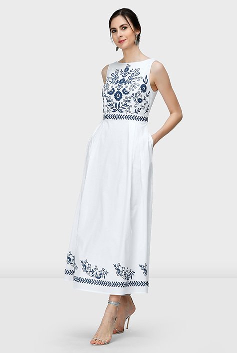 Elevate the everyday with artful embroidery! An eye-catching floral vine in full bloom highlights the bodice and hem of our cotton poplin maxi dress cut in a flattering fit-and-flare silhouette.