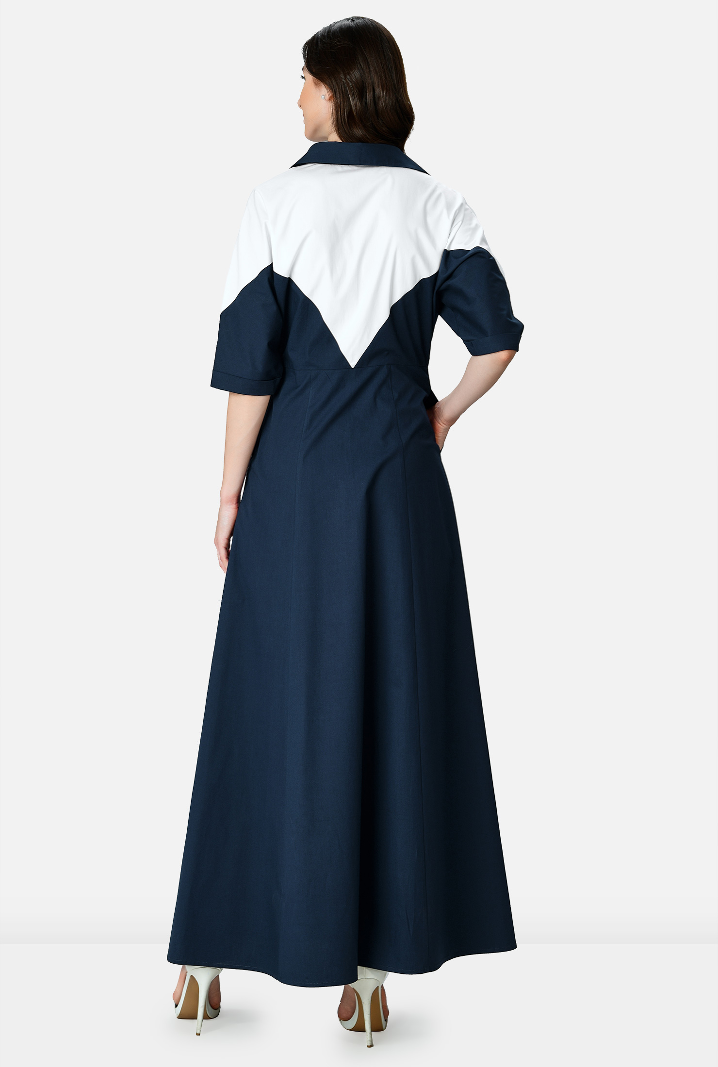 Shop Zip front twotone cotton poplin maxi dress eShakti