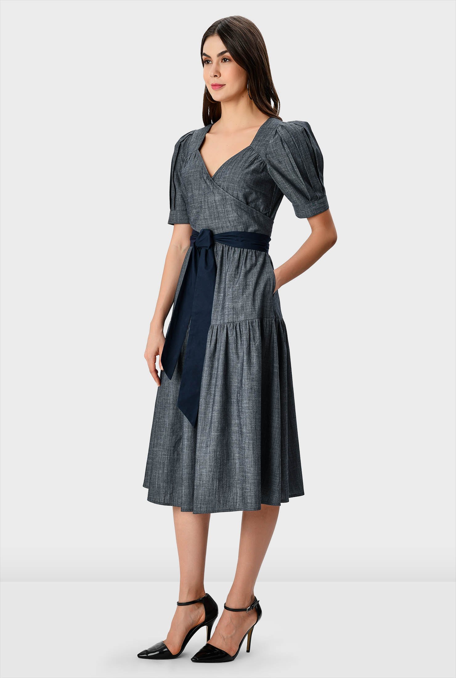 Shop Puff sleeve cotton chambray ruched surplice dress | eShakti