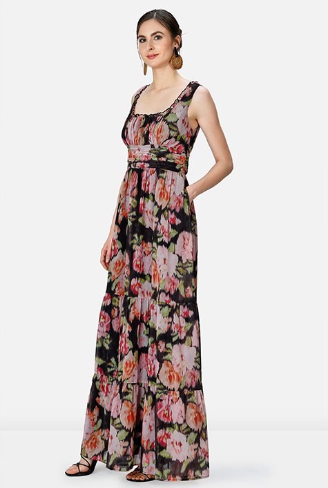 Shop Floral print georgette empire tiered maxi dress | eShakti