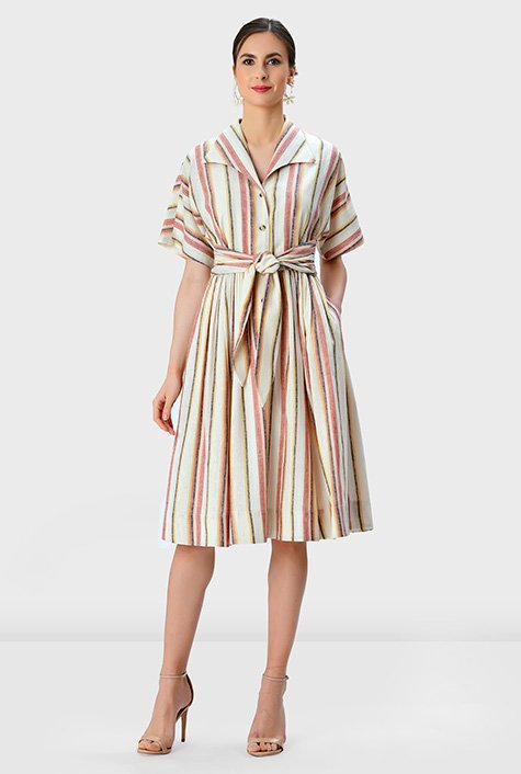 Shop Tie-waist stripe cotton shirtdress | eShakti