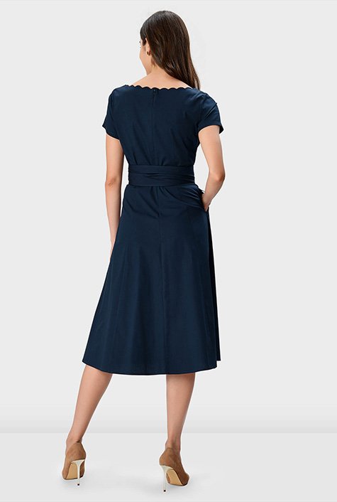 Shop Scallop trim obi belt cotton poplin dress | eShakti