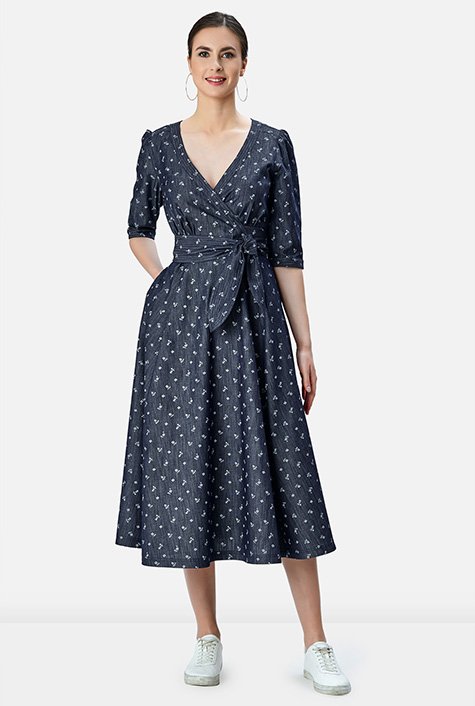 Shop Trapunto Trim Floral Print Cotton Denim Surplice Dress 