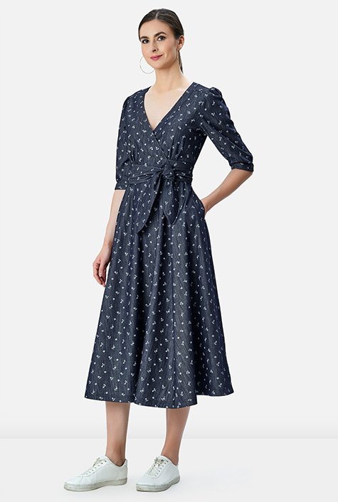 Shop Trapunto trim floral print cotton denim surplice dress | eShakti