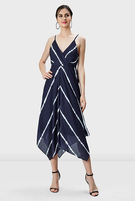 Shop Tie-dye stripe print crepe handkerchief hem slip dress | eShakti