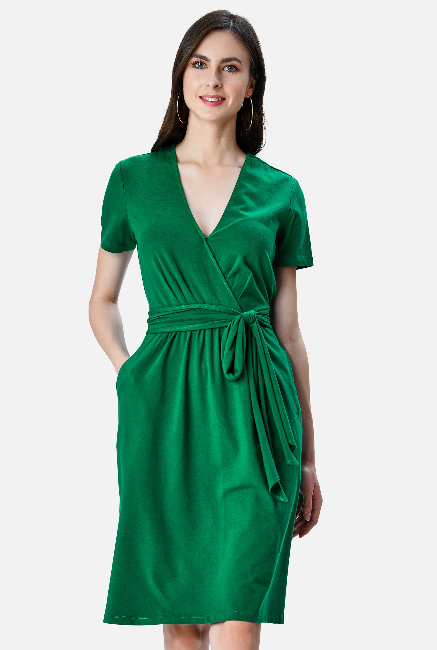 Shop Ruched sashtie cotton jersey surplice dress eShakti