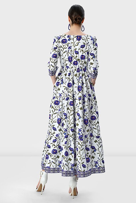 Shop Floral vine print cotton poplin drawstring empire dress | eShakti
