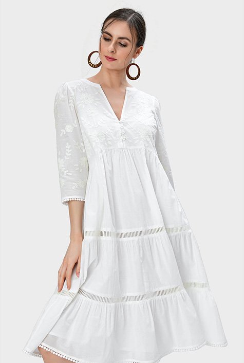 Shop Floral embroidery cotton voile lattice trim dress | eShakti