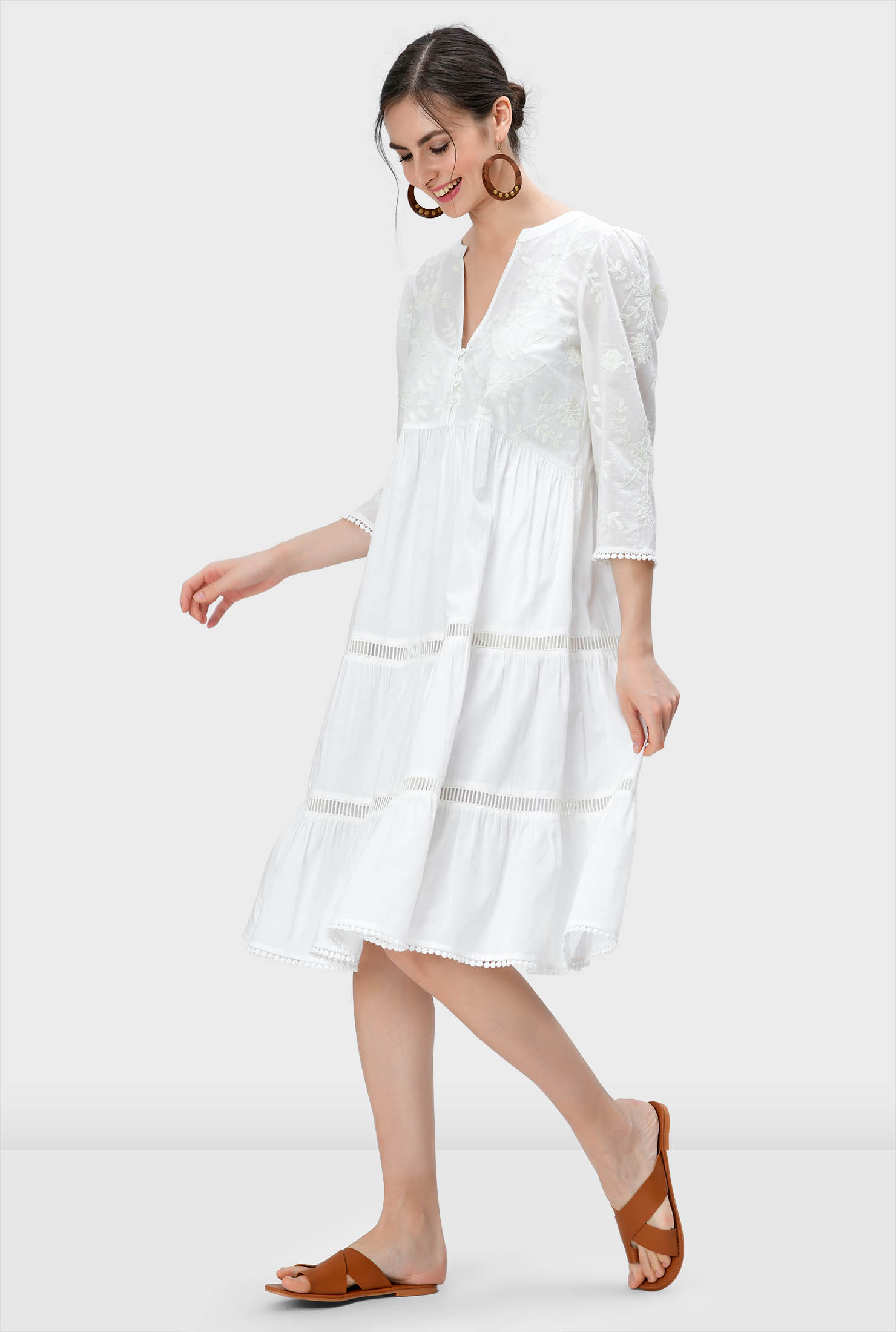 Shop Floral embroidery cotton voile lattice trim dress eShakti