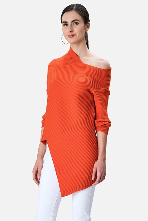 Shop One-shoulder ribbed wool blend asymmetric sweater | eShakti