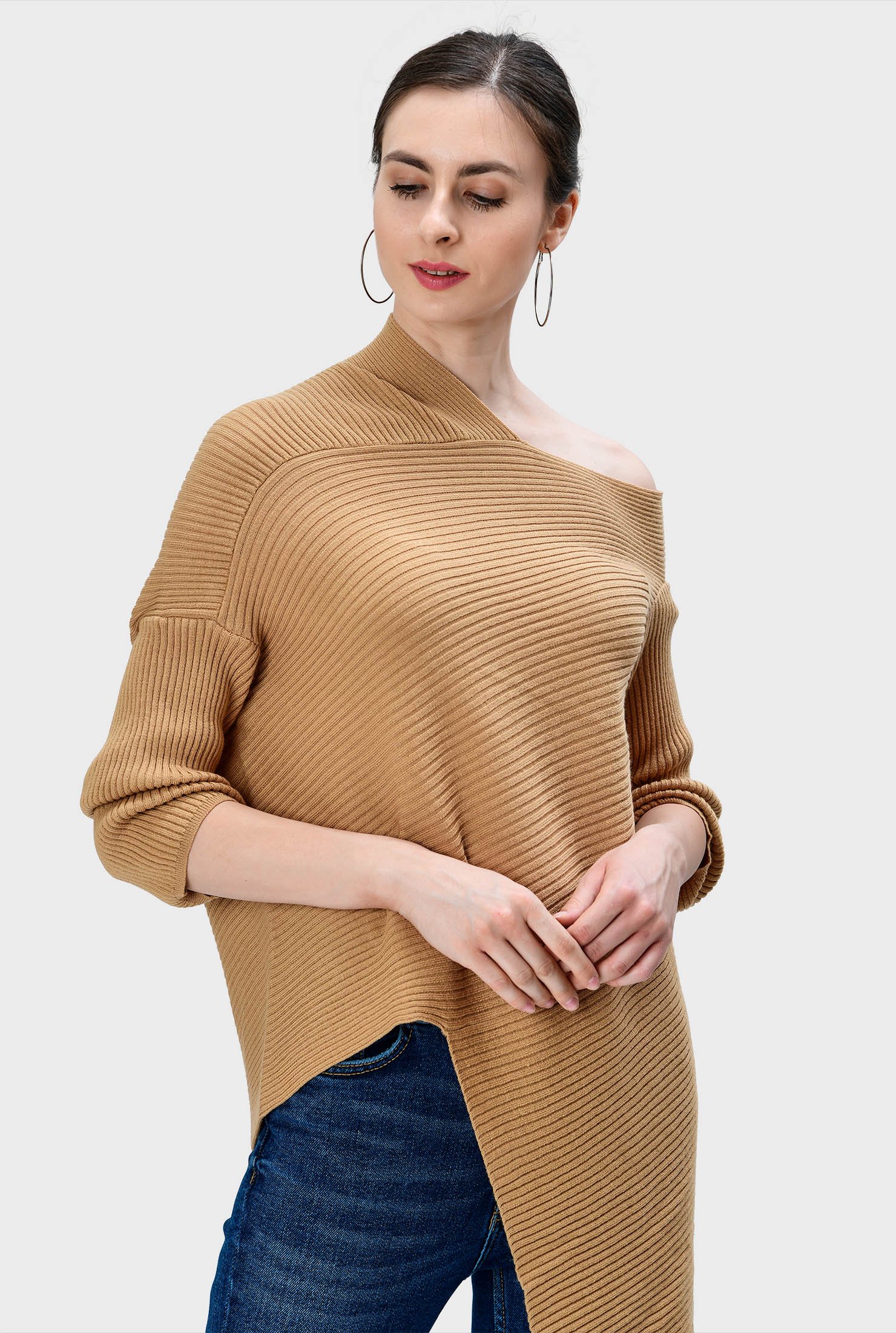 One-shoulder ribbed merino wool blend asymmetric sweater