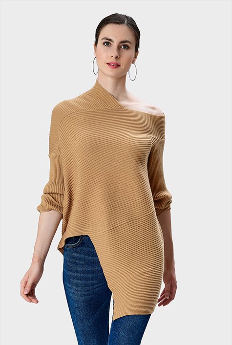 One-shoulder wool-blend sweaterネックUネック